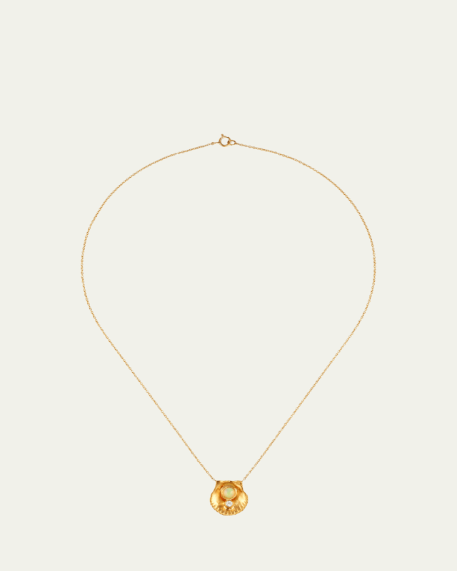 Small Scallop Shell Necklace with Ethiopian Opal and Diamond in 18K Yellow Gold